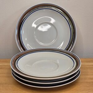 Vintage Salem Stoneware Georgetown Blue Brown Saucers Plates 6 1/4" Set of 4